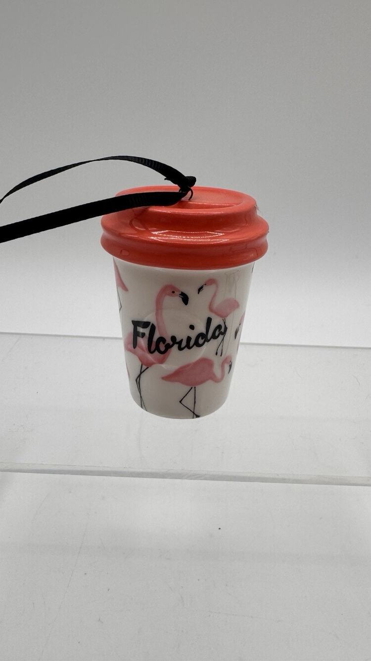 Starbucks 2015 Holiday Florida Pink Flamingo Ceramic Coffee Tumbler Ornament